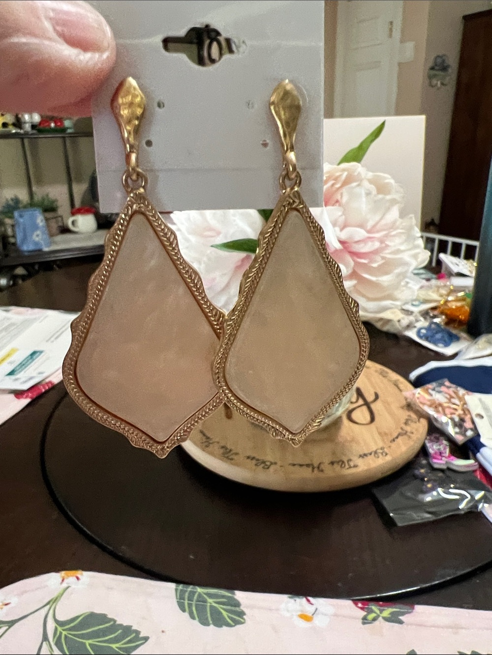 New Gold-Trimmed Beige Statement Drop Earrings